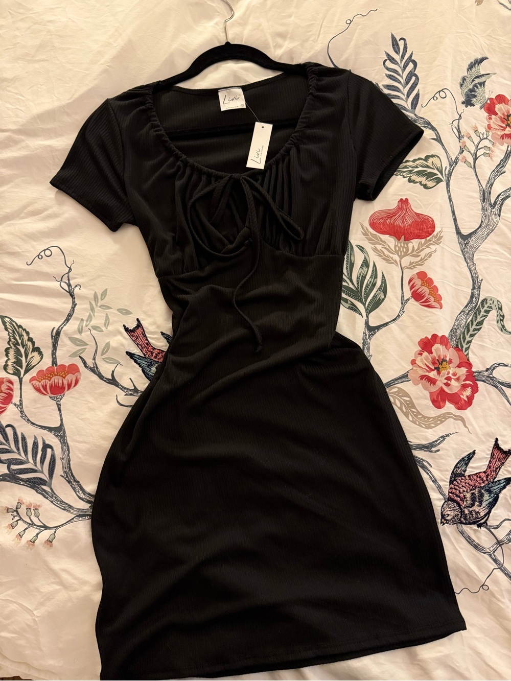 Lulu's Black Ribbed Tie-Front Short Sleeve Mini Dress